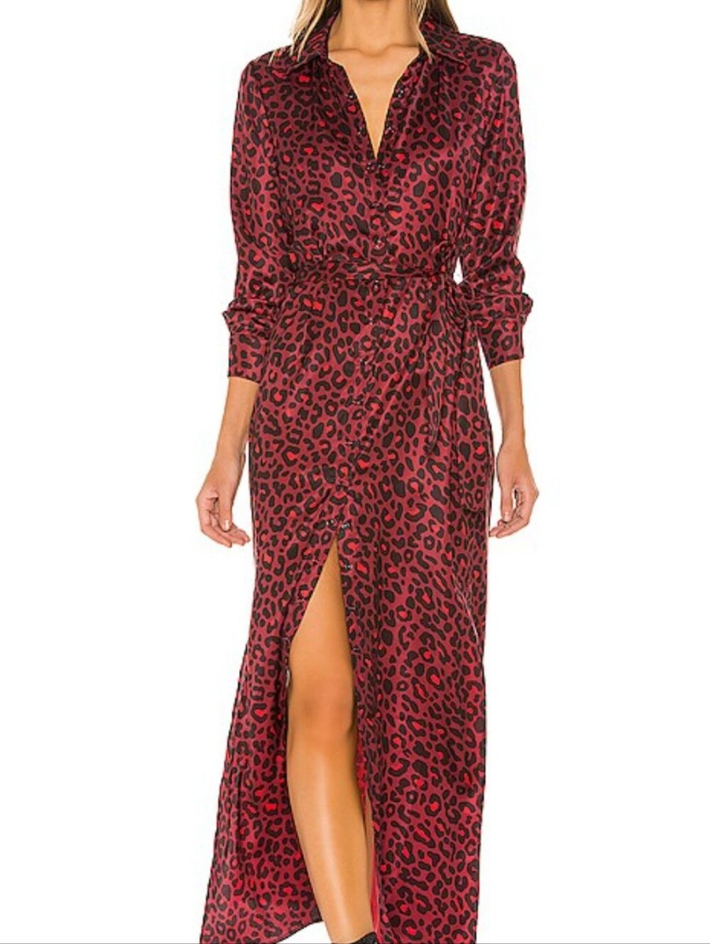 Red Leopard Print Button-Front Maxi Dress with Waist Tie -David Lerner